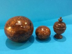 Assorted treen including a burr walnut box