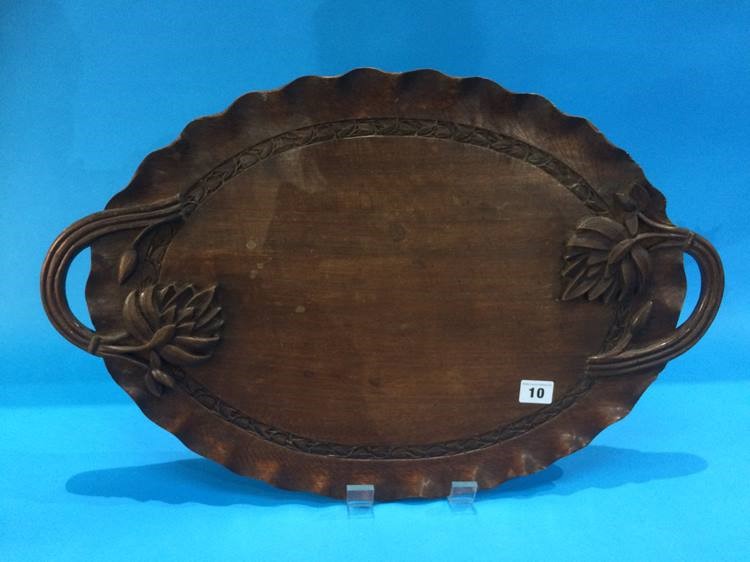 Carved hardwood tray, pair of candlesticks and an enamelled pewter dish - Image 3 of 12