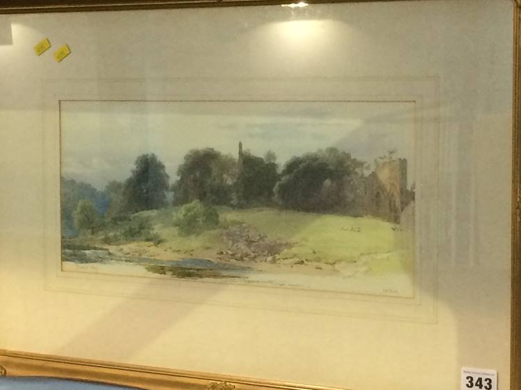 John Henry Mole (1814-1886), watercolour, signed, 'Finchale Abbey', 17 x 37cm - Image 5 of 5