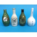 A rare Japanese World War II Imperial army green coloured sake bottle, a raised basket weave sake
