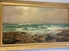 John Falconar Slater (1857 - 1937), oil on canvas, signed, 'Rough coastal water with sailing