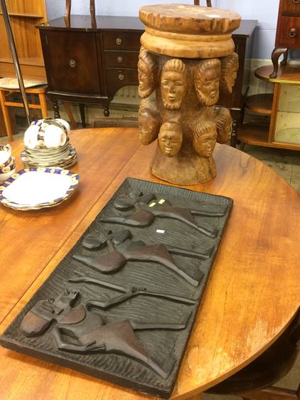 Carved African style plaque and stool - Image 2 of 4