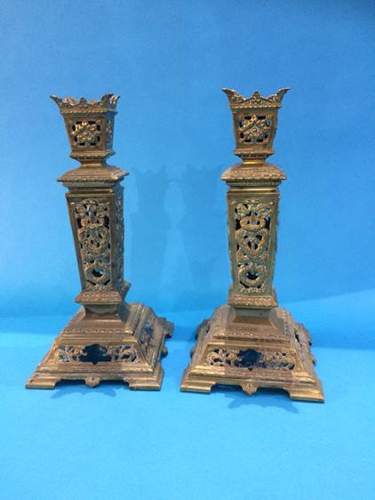 Carved hardwood tray, pair of candlesticks and an enamelled pewter dish - Image 10 of 12