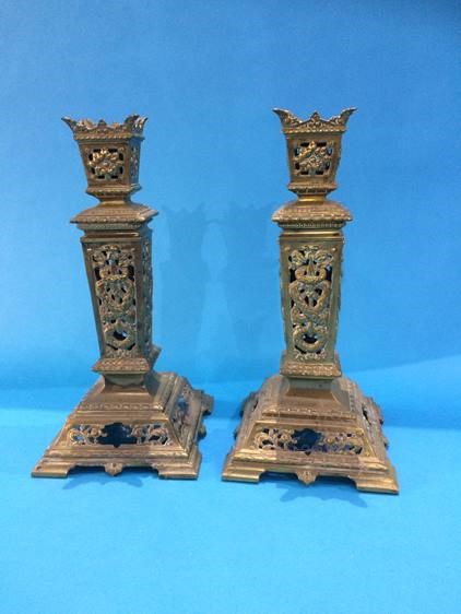 Carved hardwood tray, pair of candlesticks and an enamelled pewter dish - Image 5 of 12