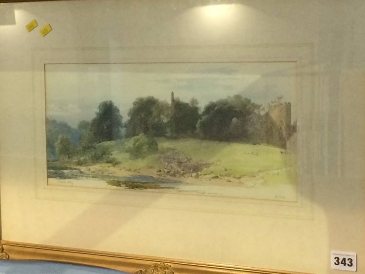 John Henry Mole (1814-1886), watercolour, signed, 'Finchale Abbey', 17 x 37cm - Image 4 of 5