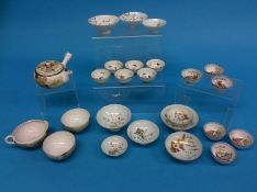 Two sets of six Japanese World War II military sake cups and three sets of three and Kutani sake