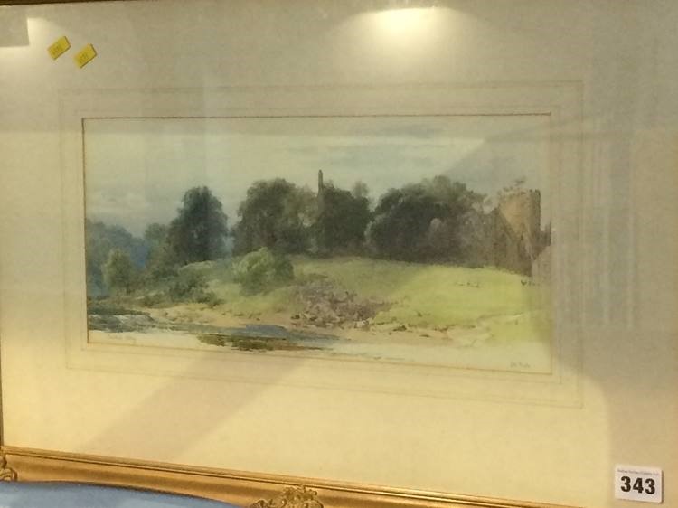 John Henry Mole (1814-1886), watercolour, signed, 'Finchale Abbey', 17 x 37cm - Image 2 of 5