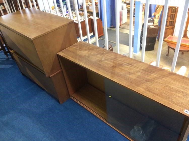 Two teak boxes and a bookcase