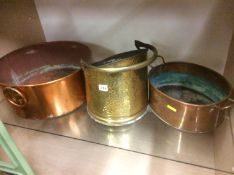 Two copper pots and a coal scuttle
