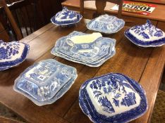 Assorted blue and white china, tureens, meat plates etc.