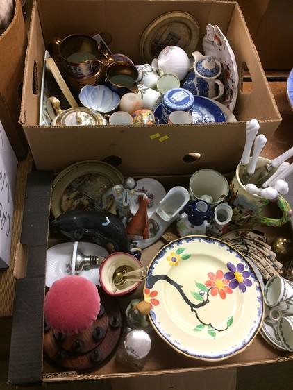 Two trays of assorted china and glass