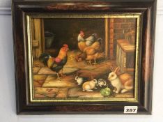 Oil on canvas, Barnyard scene with chickens and rabbits, signed Hunt