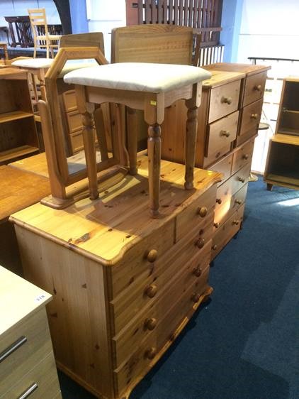 Pine stool, pair of pine bedside drawers and two pine chests of drawers