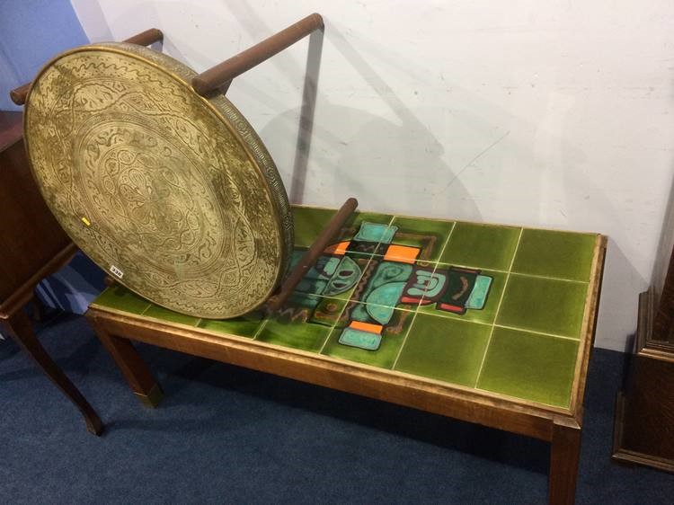 Teak tiled coffee table and Indian brass table