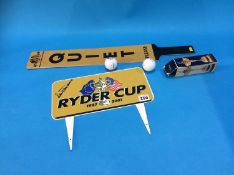 A Ryder cup 2001 sign, signed by Sam Torrence, a 'Quiet Please' board and set of balls