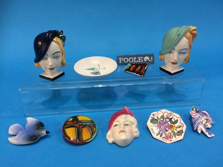 A Royal Doulton Art Deco mask, HN1612, five Poole pottery brooches, two Art Deco mask napkin ring - Image 2 of 2