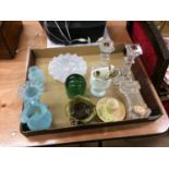 Tray of assorted including silver spoons, glass dump etc.