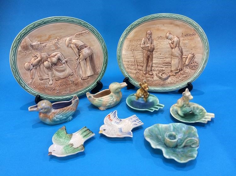 Two Beswick oval plaques and a selection of Beswick pottery