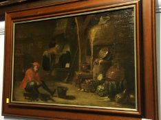 Dutch School, oil on canvas, unsigned, 'Interior Scene with man preparing mussels' 33 x 51cm