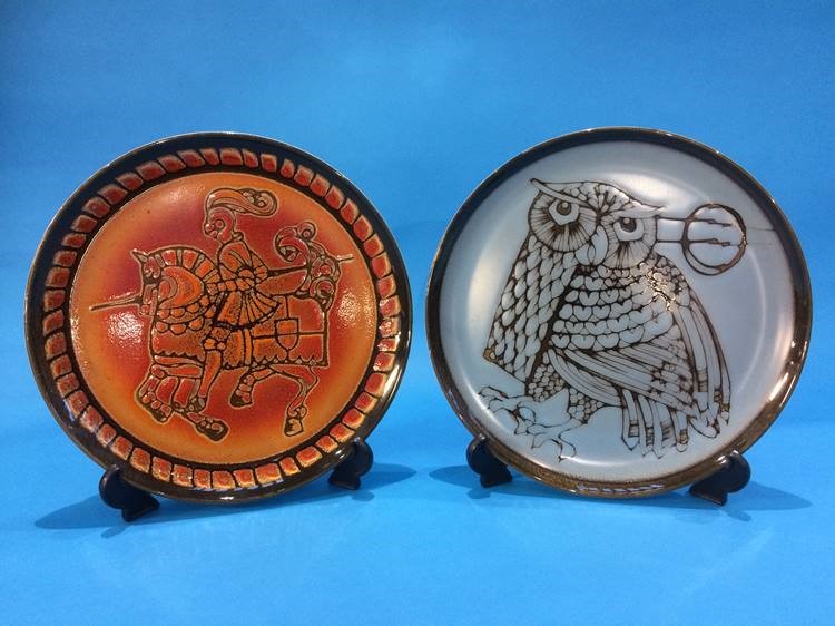 A Poole pottery charger by Diana Davis, 'Jouster' and another of an 'Owl' (2), 32cm diameter