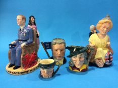 Three Royal Doulton character jugs, a 'Britannia Thatcher' and 'William and Kate' figures (5)