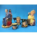 Three Royal Doulton character jugs, a 'Britannia Thatcher' and 'William and Kate' figures (5)