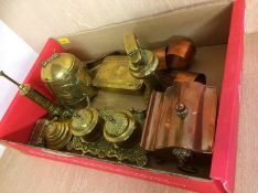 Assorted brass including 1914 tin, ink wells etc.