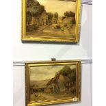 R. W. Bates, pair, oil on canvas, signed, 'Rural Village scenes', 29 x 39cm