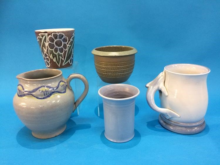 A Poole tankard with dolphin handle, a Carter Stabler jug, T313 and three Poole vases (5) - Image 2 of 2