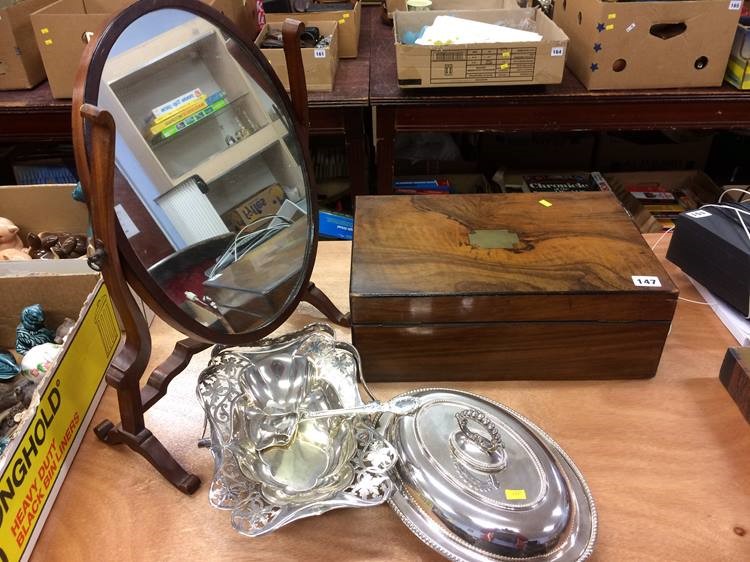 Walnut box, plated tureen, mirror etc.