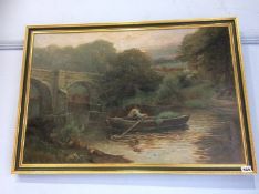 R. W. Bates, oil on canvas, signed, 'Riverscape with rowing boat', 50 x 75cm