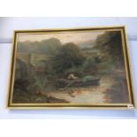 R. W. Bates, oil on canvas, signed, 'Riverscape with rowing boat', 50 x 75cm