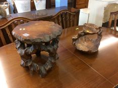 Carved eucalyptus stool and bowl