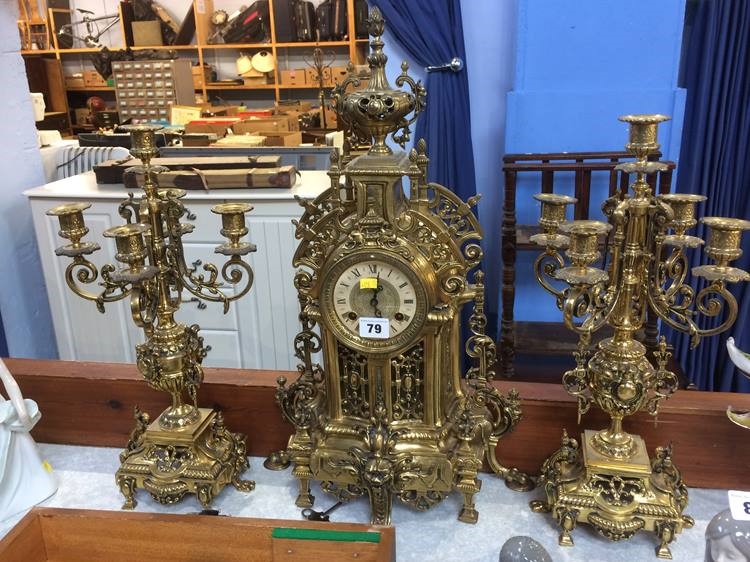 A modern ornate gilt metal clock garniture - Image 2 of 5