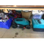 Assorted tools and a Bosch lawnmower