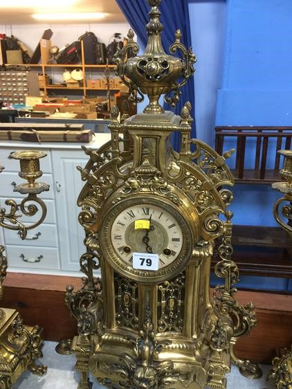 A modern ornate gilt metal clock garniture - Image 3 of 5