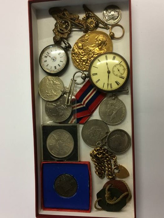 Two silver pocket watches, various medals etc.