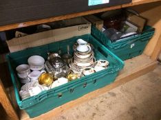 Three trays of tea china, glass ware etc.,