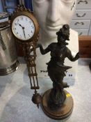 An early 20th century Spelter clock, the clock movement balanced on the Ladies hand