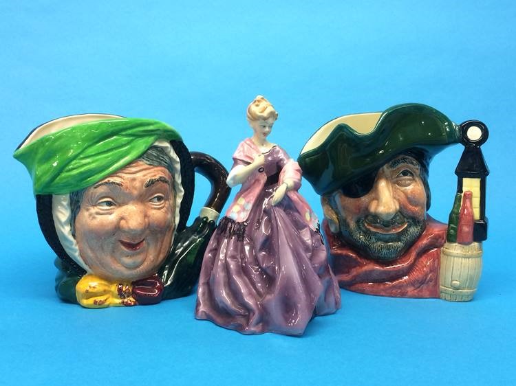 A Royal Worcester figure, 'First Dance' and two Royal Doulton character jugs