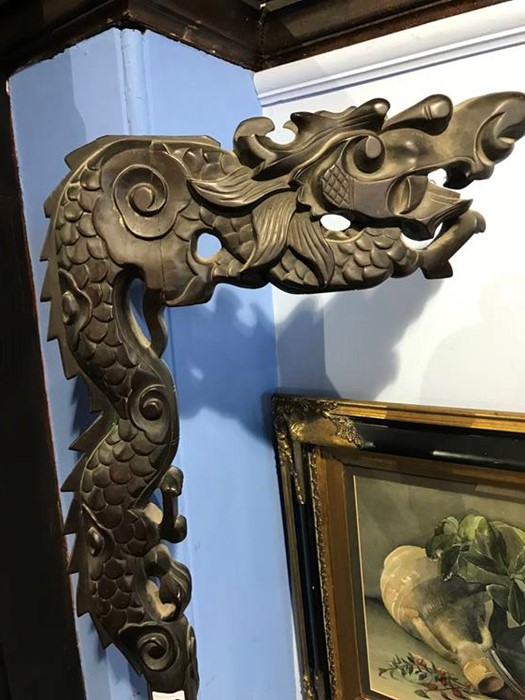 A Chinese hardwood carved dragon hanging lamp and another bamboo carved standard lamp (2) - Image 3 of 3