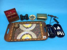 A South American butterfly wing tray, two corkscrews and a miniature Masonic diorama