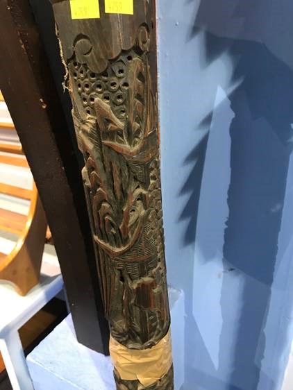 A Chinese hardwood carved dragon hanging lamp and another bamboo carved standard lamp (2) - Image 2 of 3