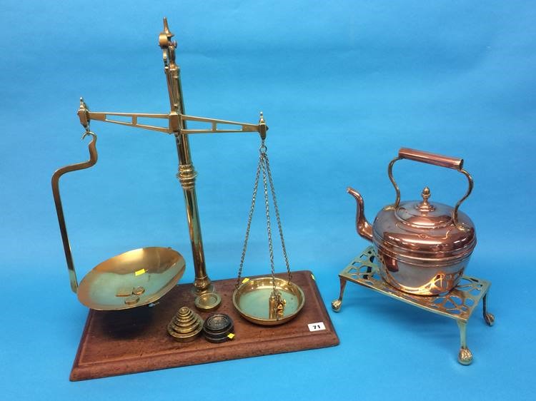 A set of brass weights and scales, G. and W. Pairman, Newcastle, a brass trivet and copper kettle - Image 2 of 5