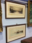 Pair of tinted etchings, River scenes, obscure signature, lower right