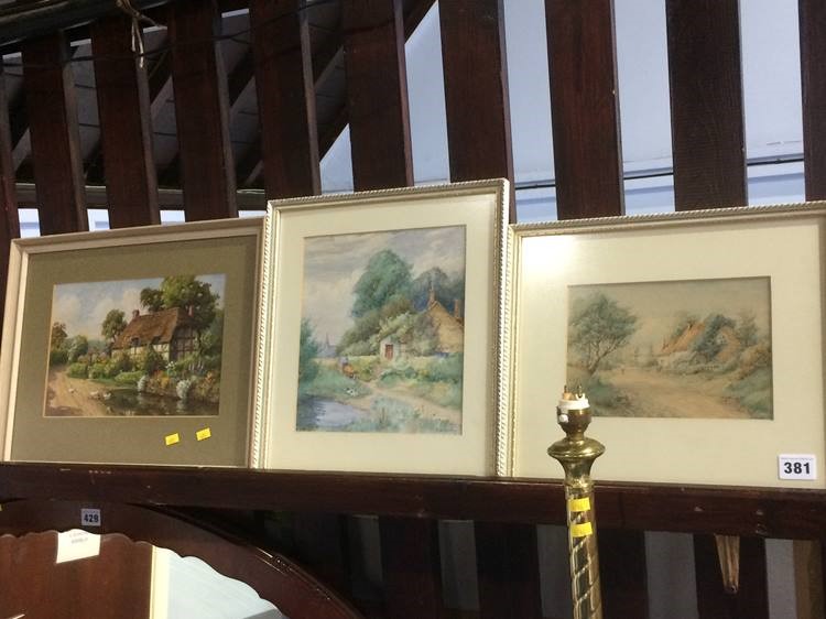 R. W. Bates, two water colours and an oil on board, landscape study of cottages - Image 2 of 2