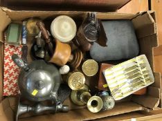 Tray of assorted including Georgian candlesticks etc.