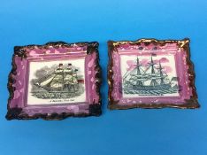 A Sunderland purple lustre plaque 'Northumberland 74' and 'A Frigate in Full Sail'