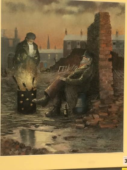 Pastel, Tom Brown, 'Two men by a Brazier', 41 x 48cm - Image 2 of 2