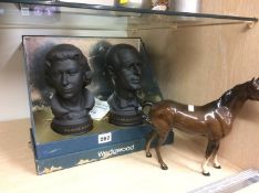 Pair of Wedgwood busts and a Royal Doulton horse
